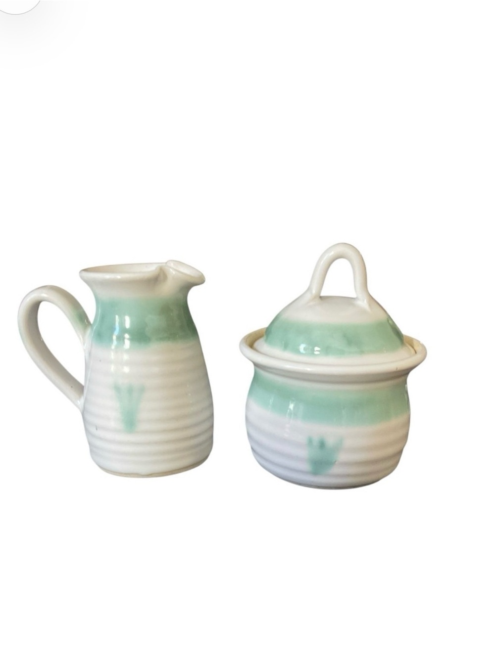 Jack Hernig NC Artist Studio Pottery Cream & Sugar Set Green- White Signed 2000